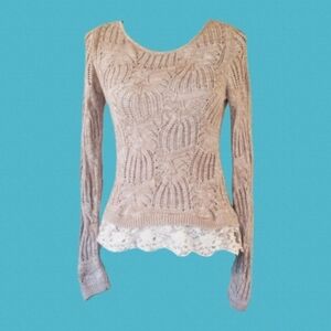 Lace Trim Tan Knit Sweater, S